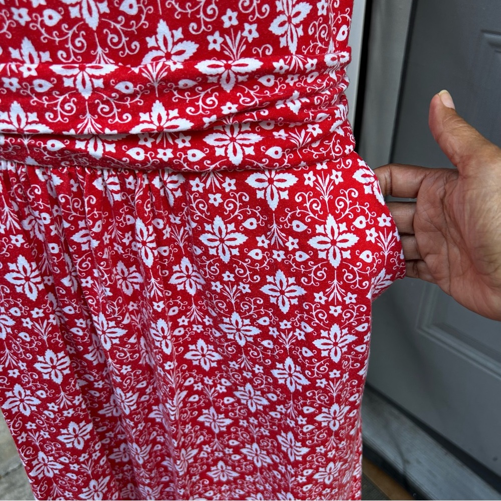 Boden Floral Red White Floral Geometric Dress Scoop Neck Cap Sleeve Pockets 14L - Picture 4 of 9